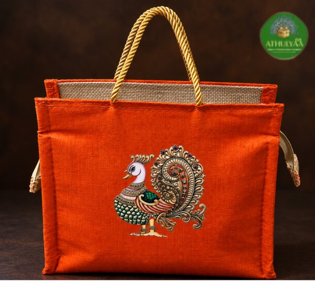 Jute Raw Silk Bag With Traditional Print