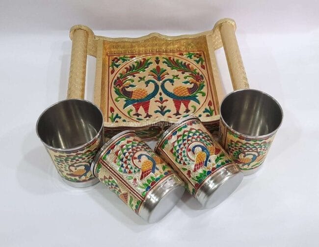 Meenakari 4 Glass Tray Set