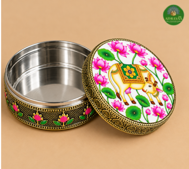 Meenakari Pichwai Cow Printed Steel Box