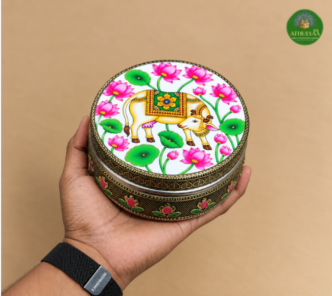 Meenakari Pichwai Cow Printed Steel Box