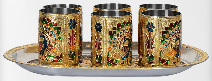 Meenakari Tray Set with 6 glasses
