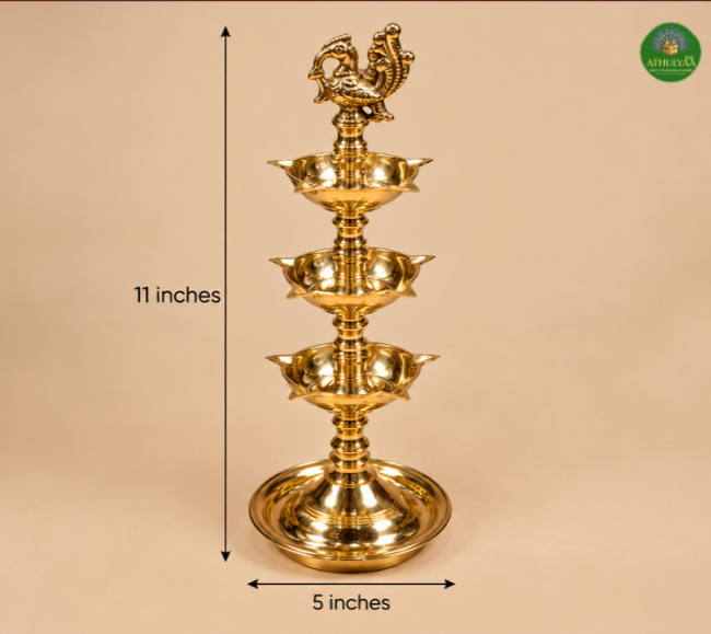 Peacock 3 step brass kuthu vilakku