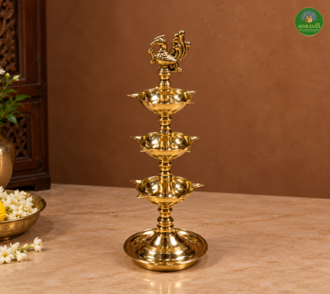 Peacock 3 step brass kuthu vilakku