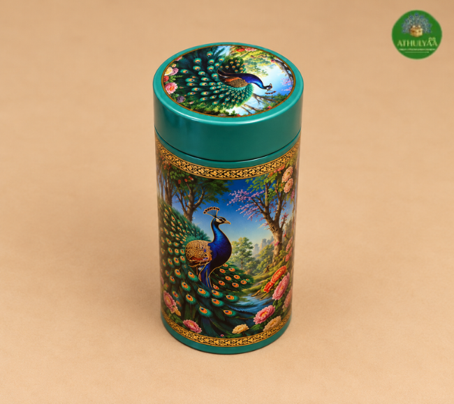 Peacock printed tin box
