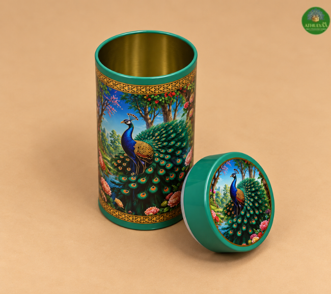 Peacock printed tin box