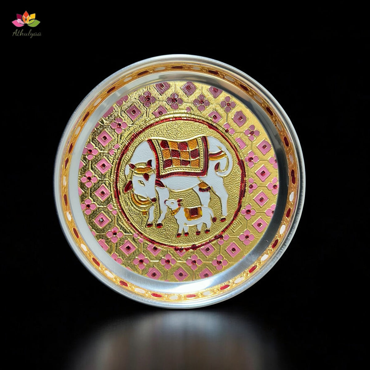 Stainless Steel Pichwai Meenakari Pooja Plate-7 inches