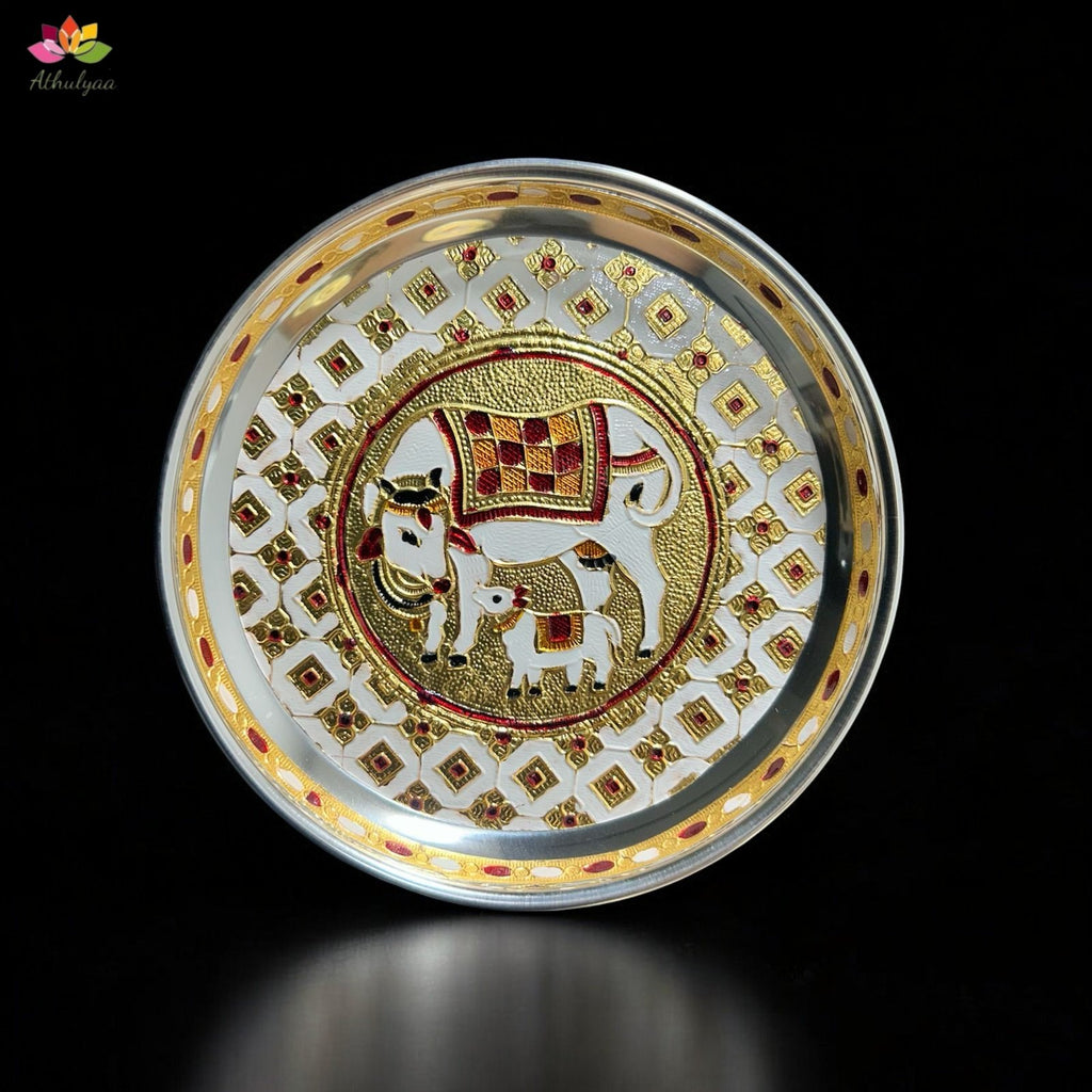 Stainless Steel Pichwai Meenakari Pooja Plate-7 inches