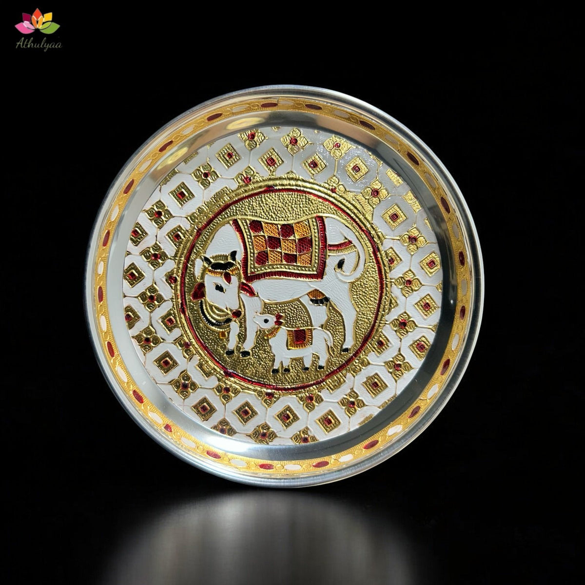 Stainless Steel Pichwai Meenakari Pooja Plate-7 inches