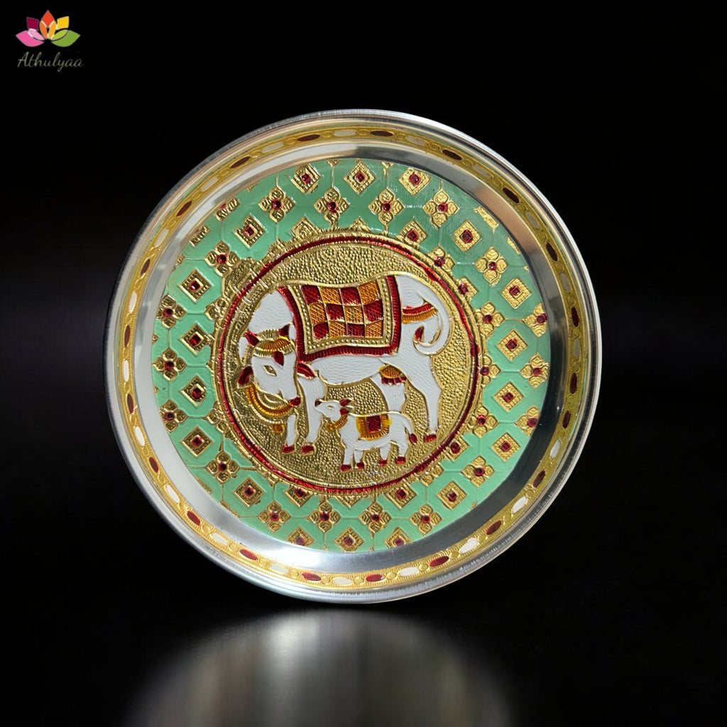 Stainless Steel Pichwai Meenakari Pooja Plate-7 inches
