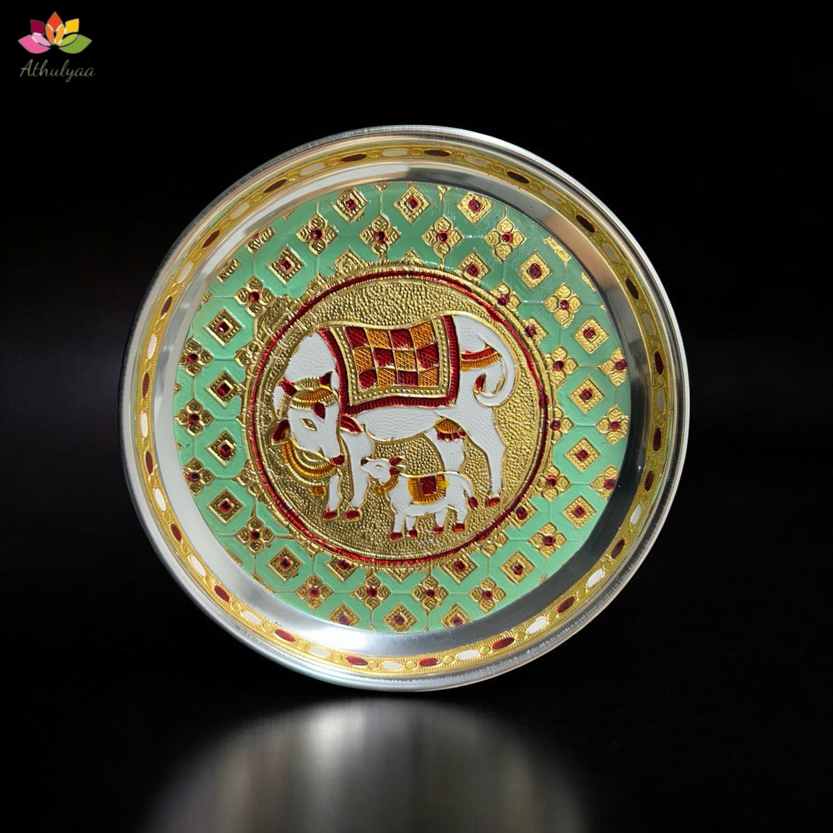 Stainless Steel Pichwai Meenakari Pooja Plate-7 inches