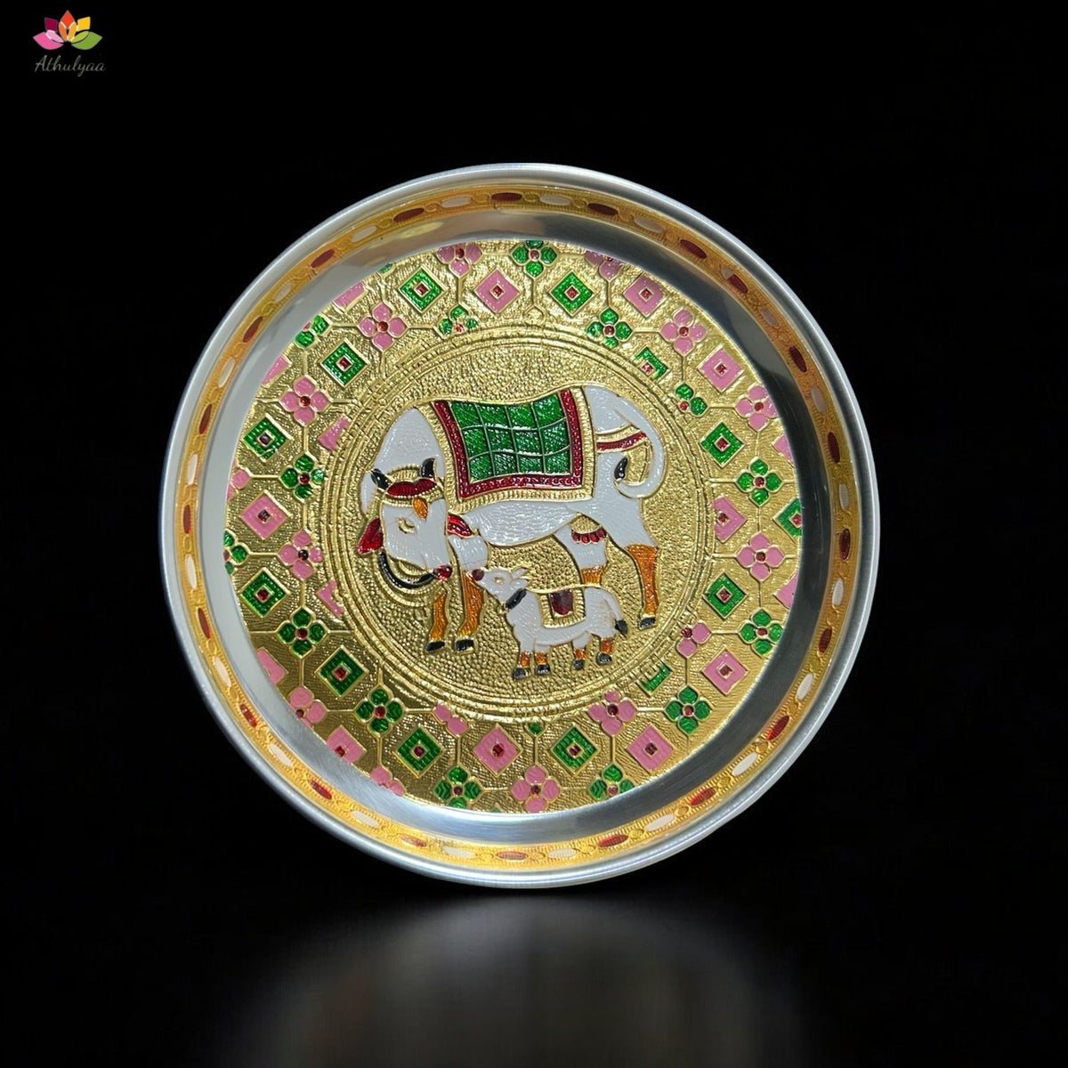 Stainless Steel Pichwai Meenakari Pooja Plate-7 inches