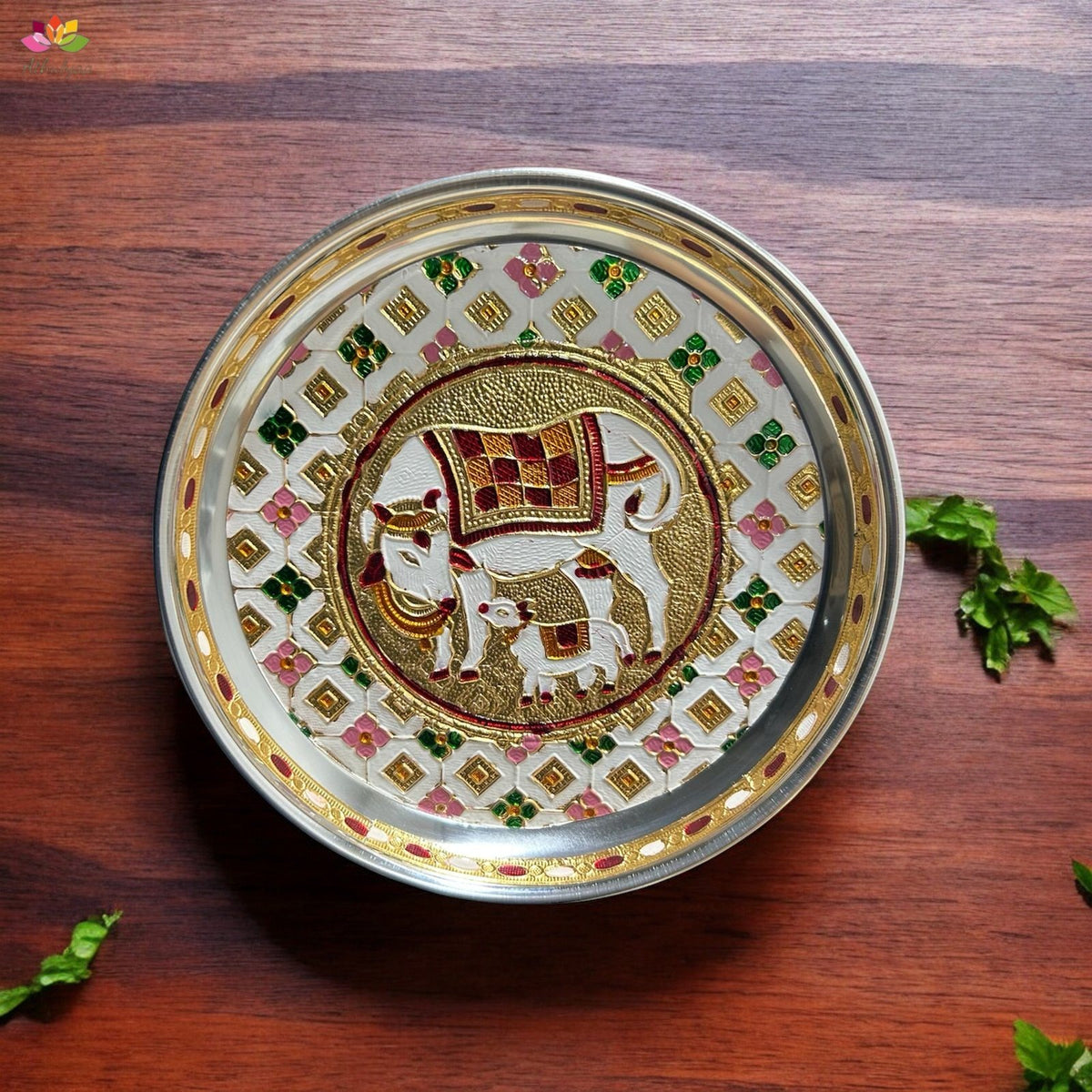Stainless Steel Pichwai Meenakari Pooja Plate-7 inches