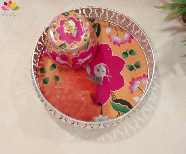 German silver pichwai metal tray with matching Jar