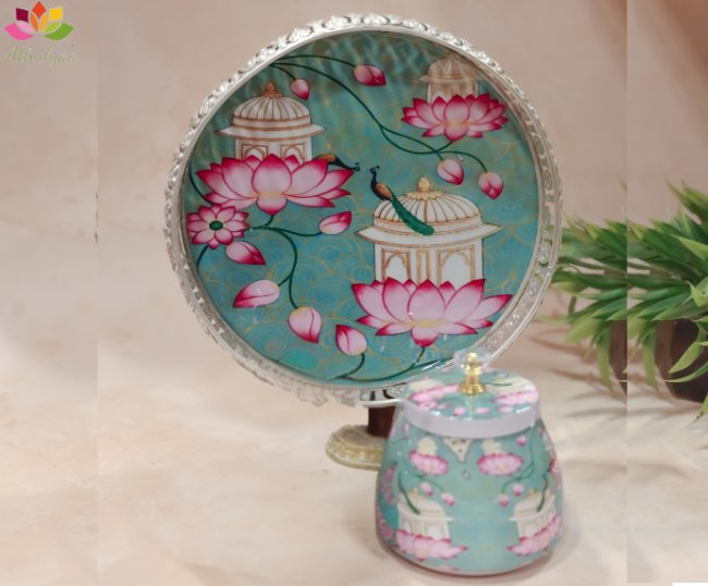 German silver pichwai metal tray with matching Jar