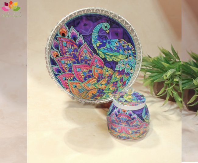 German silver pichwai metal tray with matching Jar