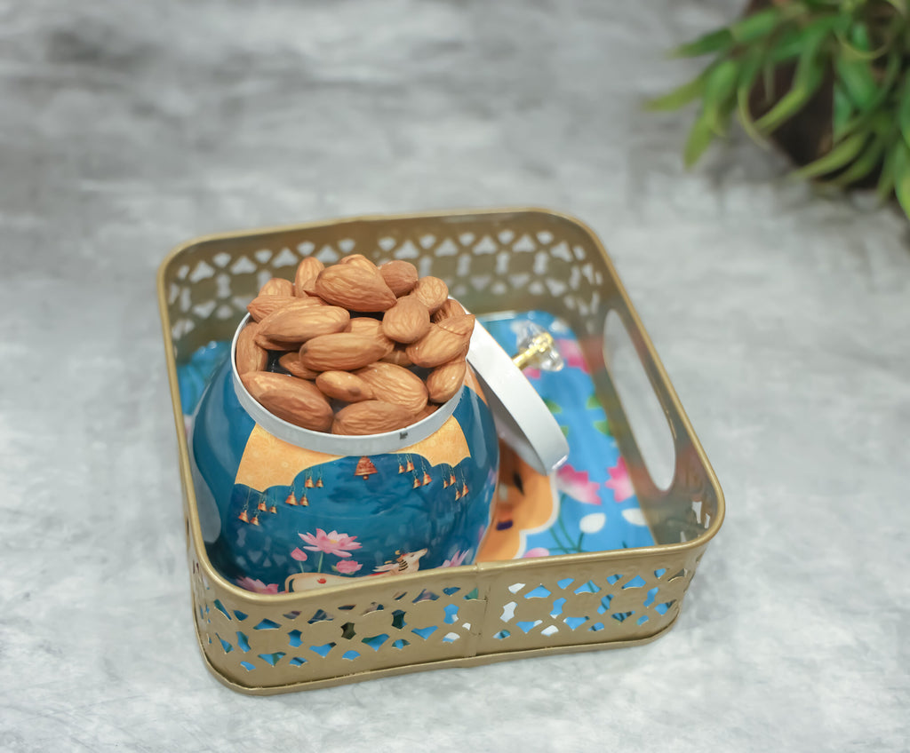 Square Pichwai metal tray with 1 matching Jar