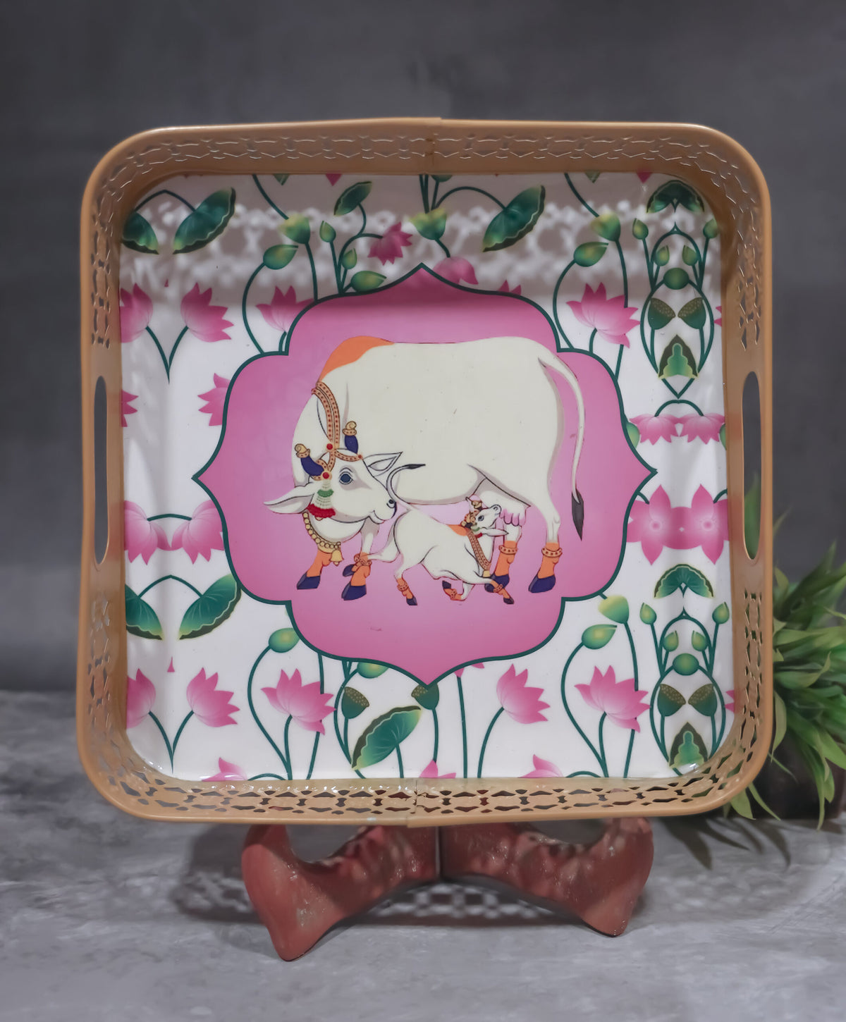 Square Pichwai metal tray with 2 Jars