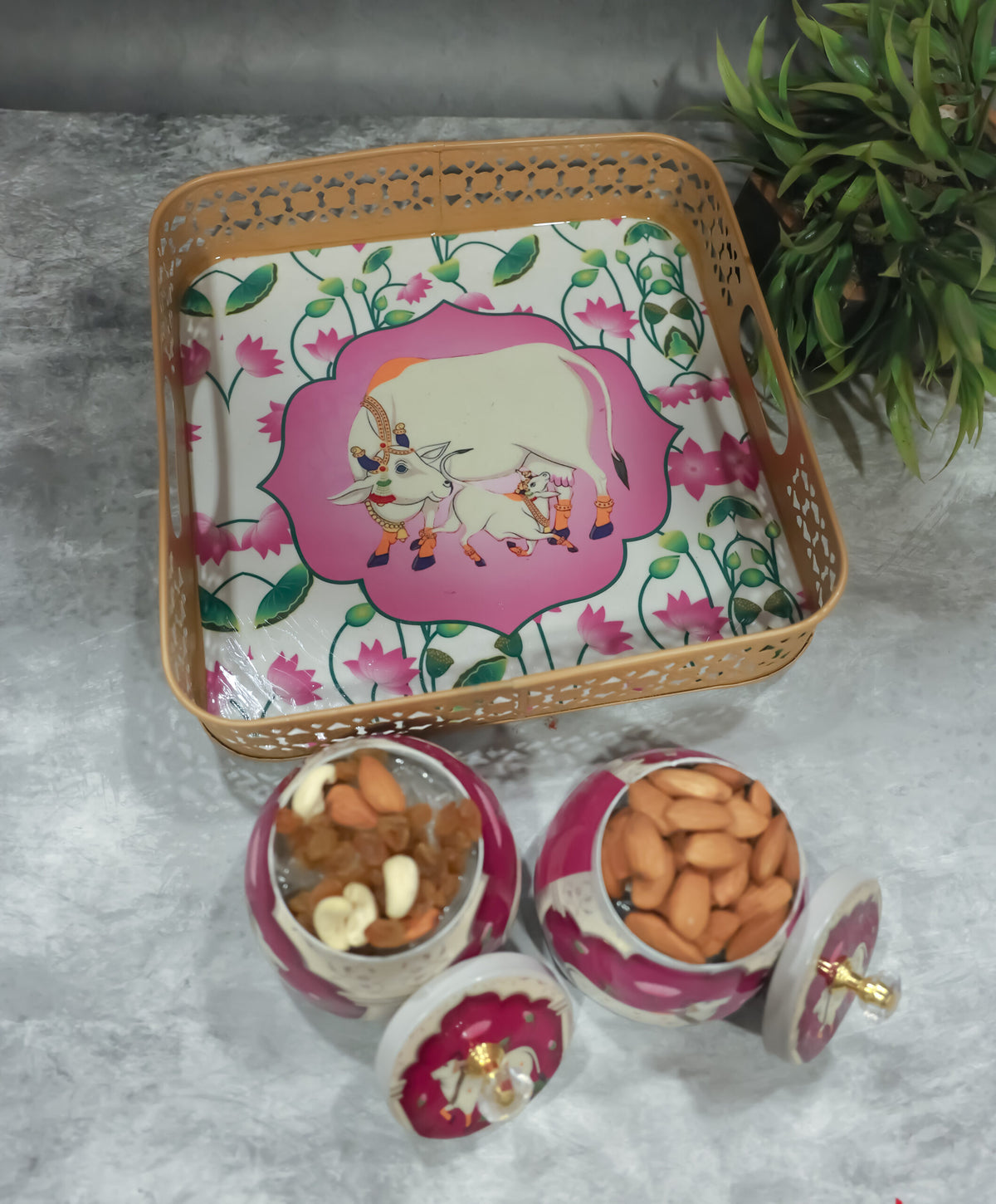 Square Pichwai metal tray with 2 Jars