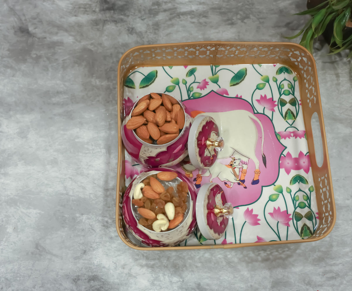 Square Pichwai metal tray with 2 Jars