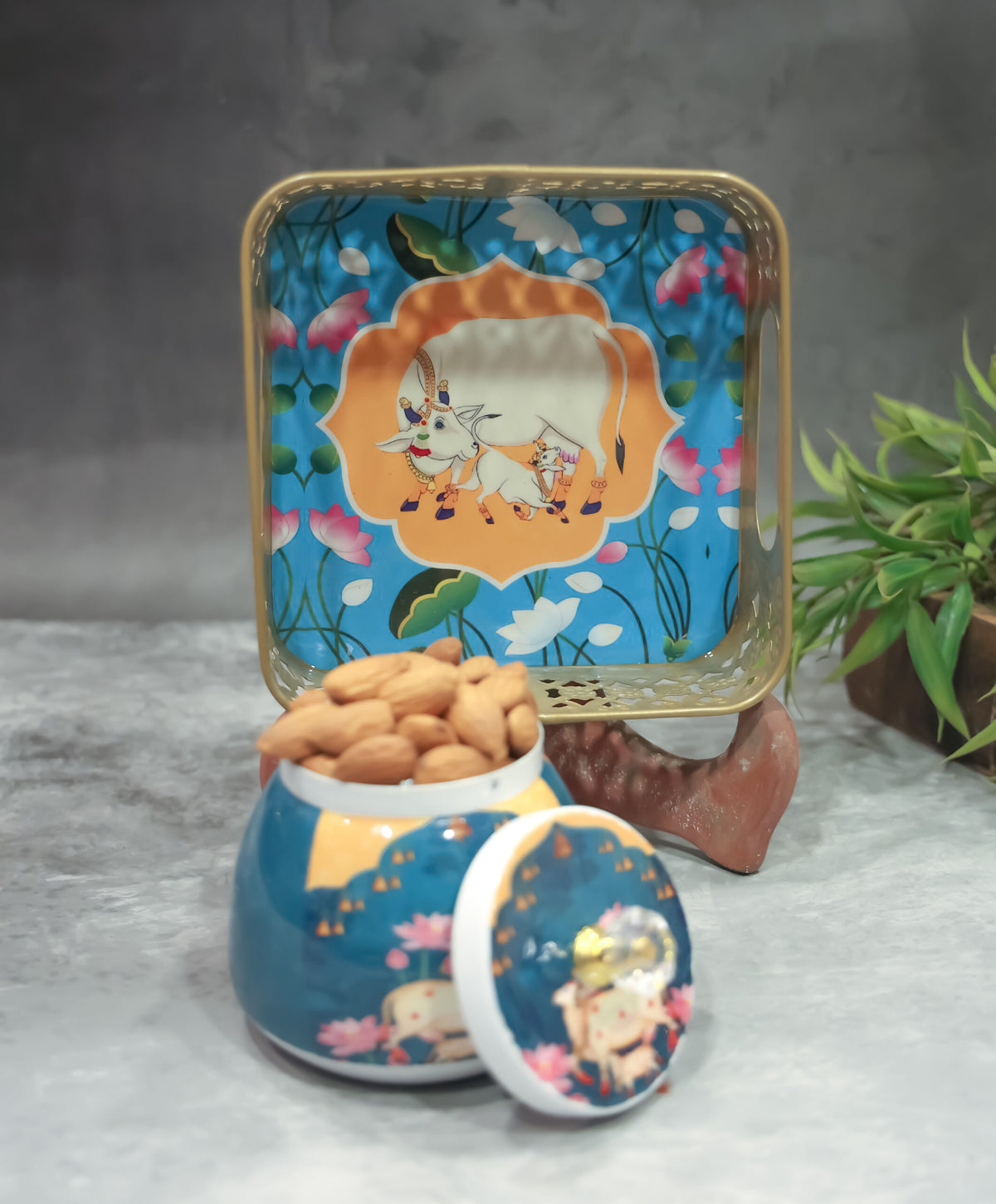 Square Pichwai metal tray with 1 matching Jar