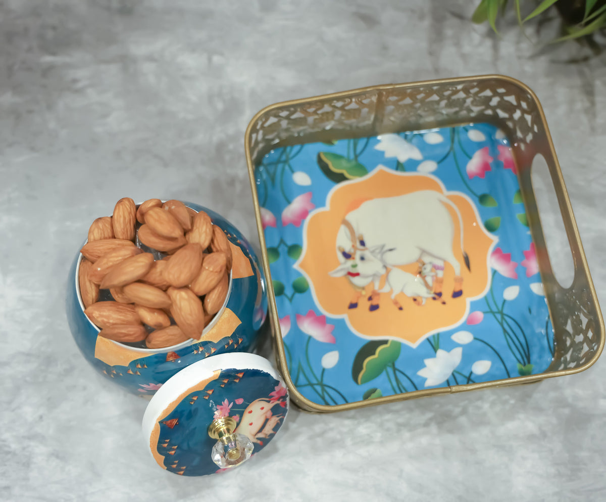 Square Pichwai metal tray with 1 matching Jar