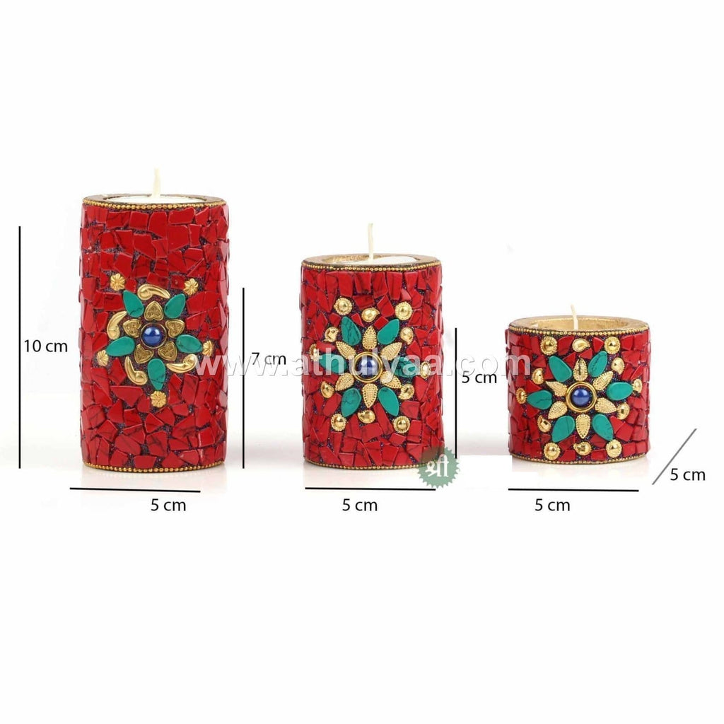 Set of 3 Stone work Candle Holder- Red