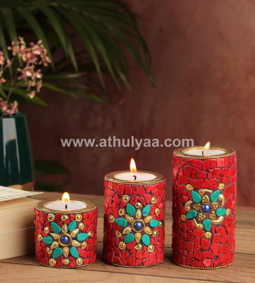 Set of 3 Stone work Candle Holder- Red