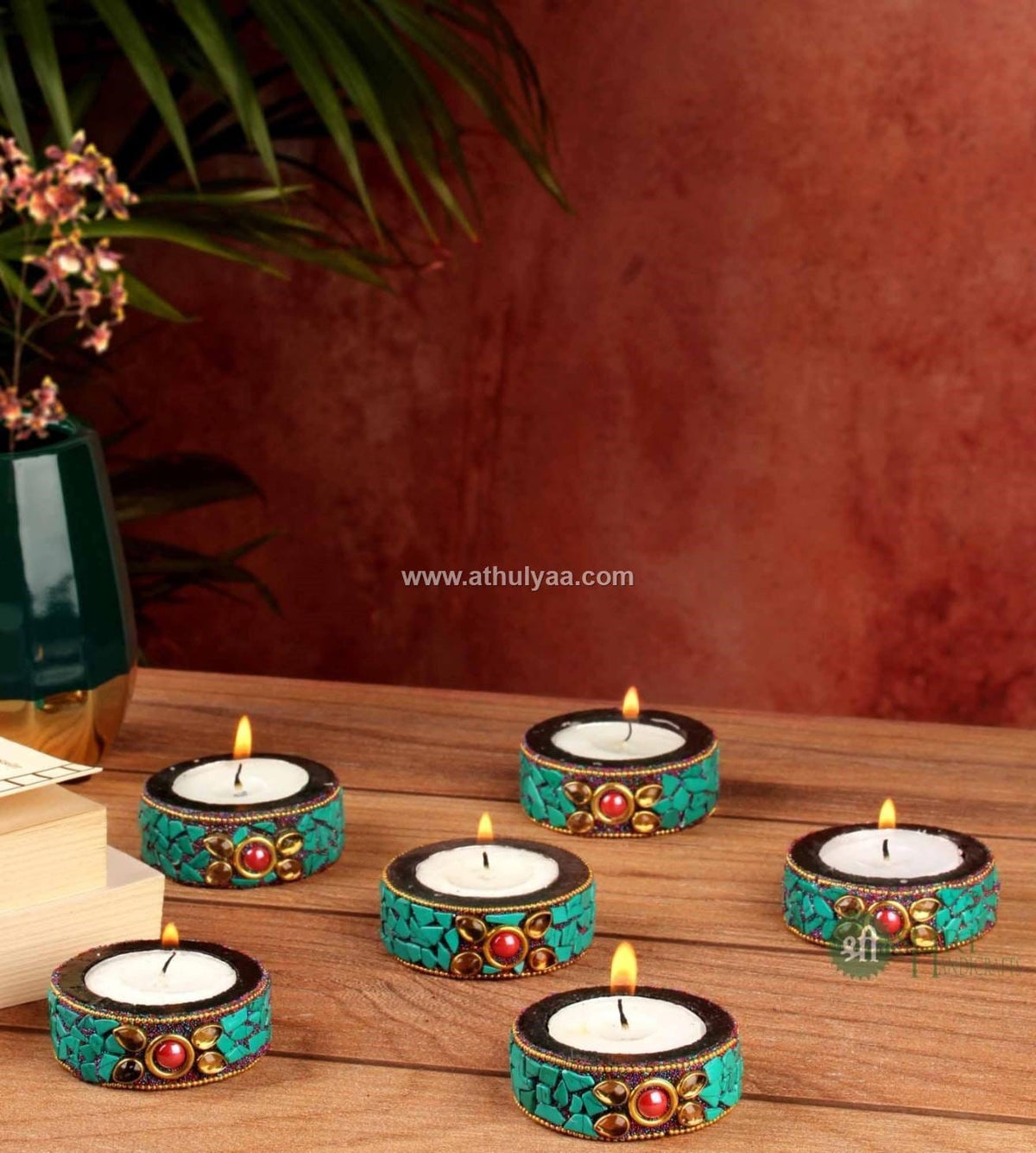 Set of 6 Stone work Candle Holders -Turquoise