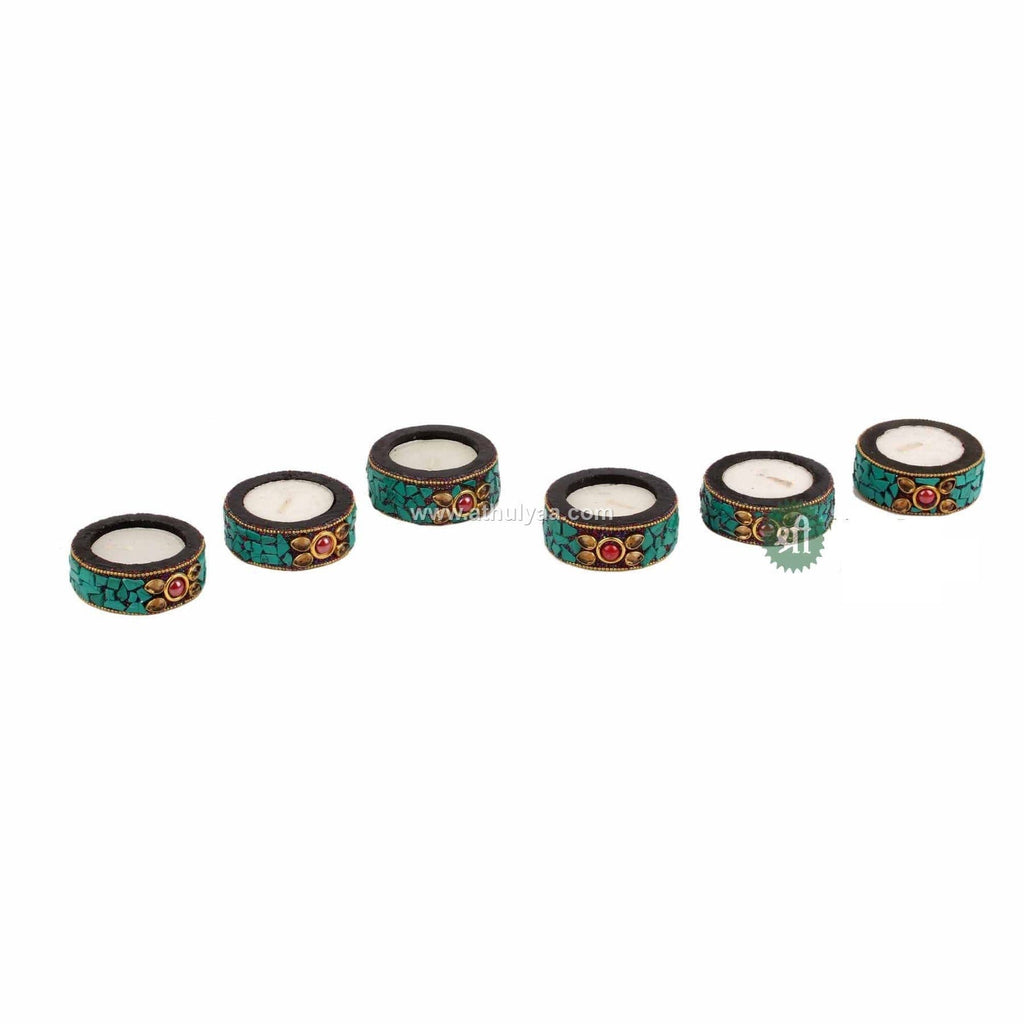 Set of 6 Stone work Candle Holders -Turquoise