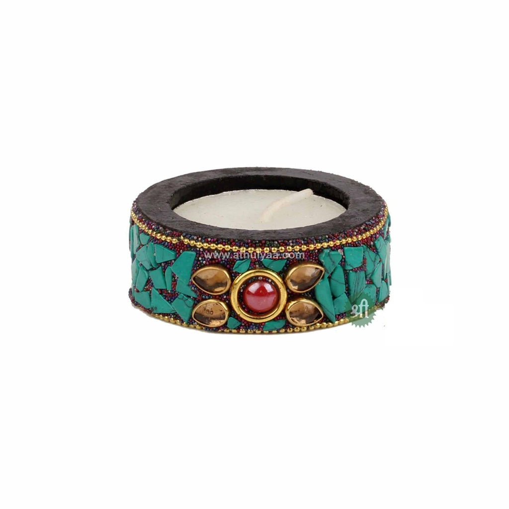 Set of 6 Stone work Candle Holders -Turquoise