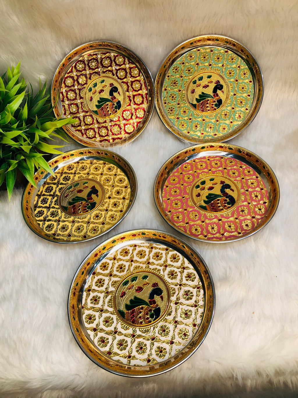 Stainless Steel Peacock Meenakari Pooja Plate-7 inches