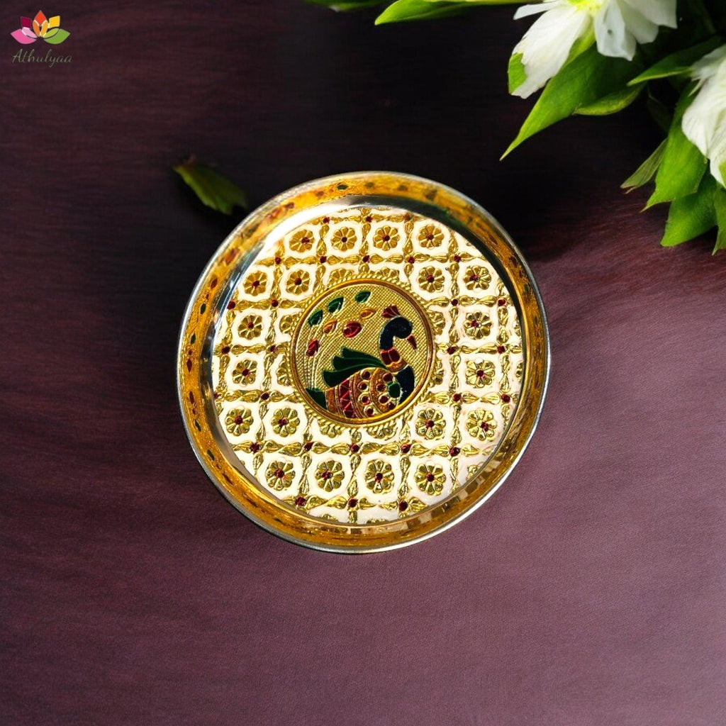 Stainless Steel Peacock Meenakari Pooja Plate-7 inches