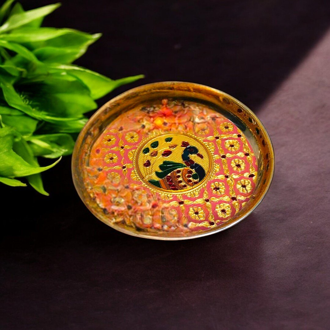 Stainless Steel Peacock Meenakari Pooja Plate-7 inches