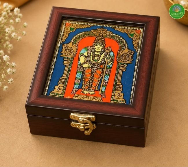 Tanjore style reverse glass paint jewel box - Murugan