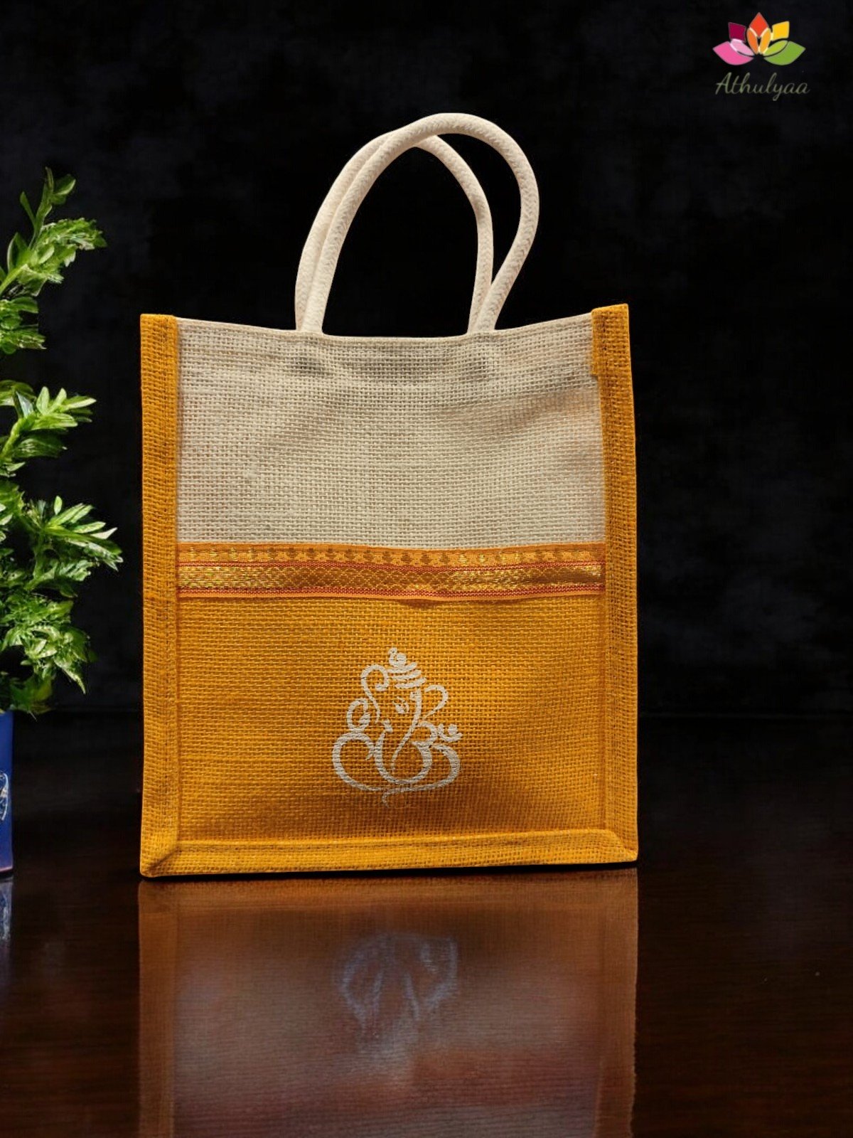 Twin colour Ganesha Jute bag with zari