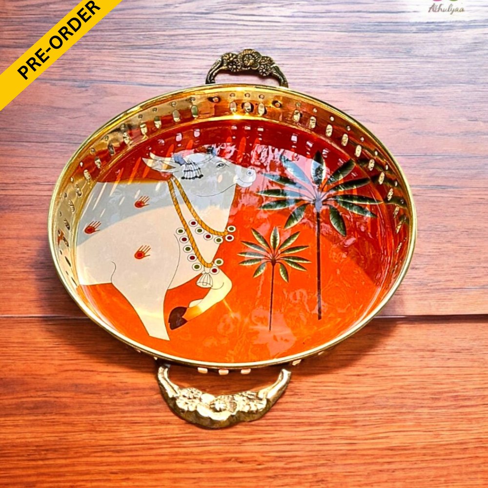 Brass Tray with Pichwai Print-6 inches
