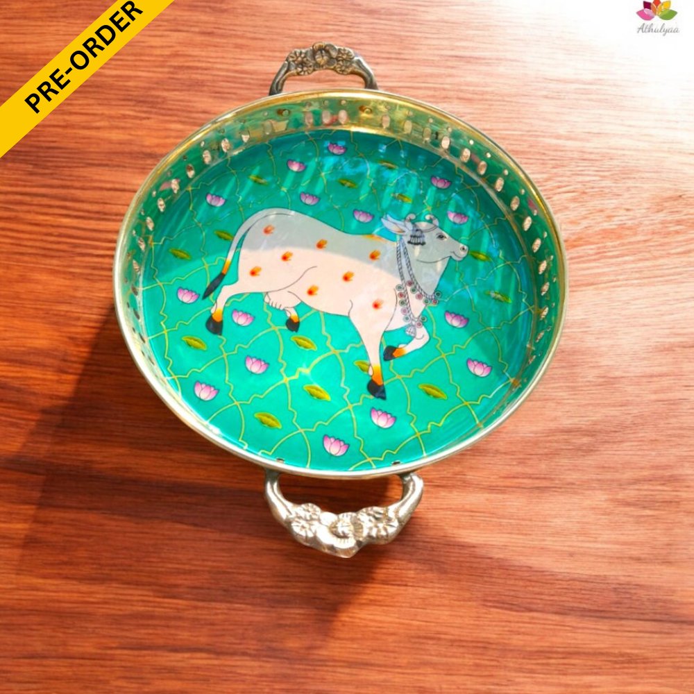 Brass Tray with Pichwai Print-8 inches