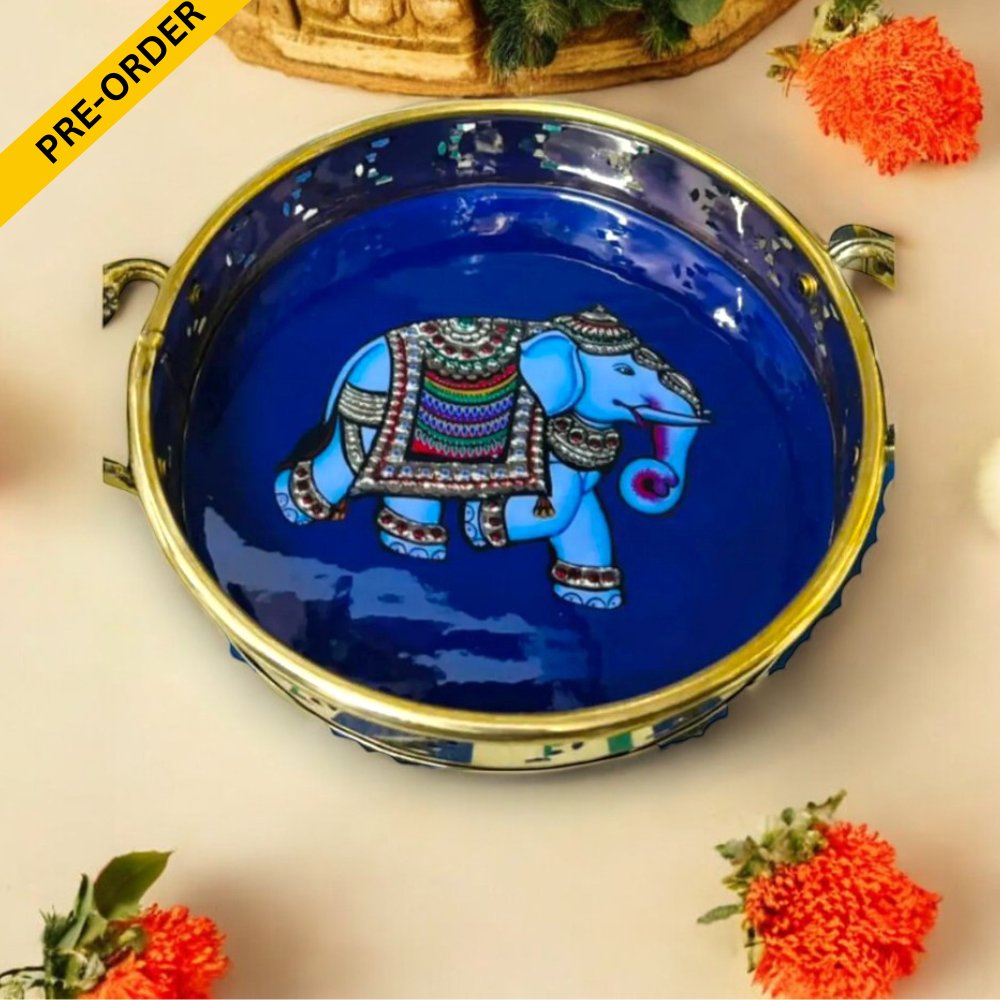 Brass Tray with Pichwai Print-8 inches