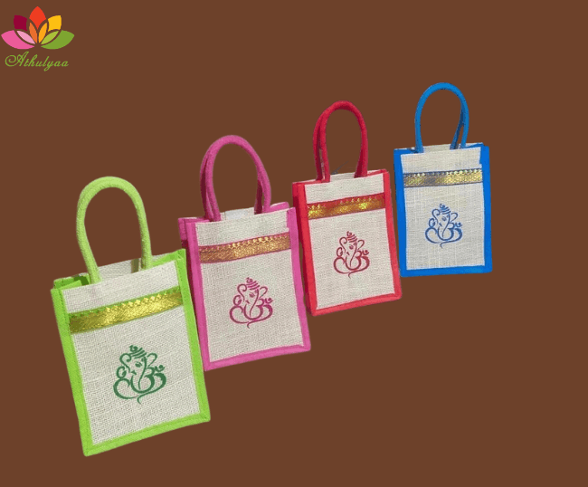 Mini Jute Bag With Zari Ganesha Print