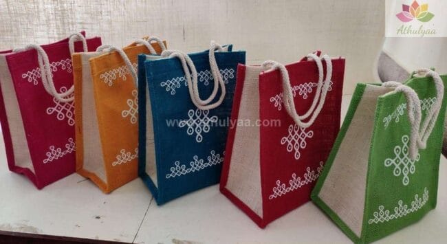 Jute bags with kolam print