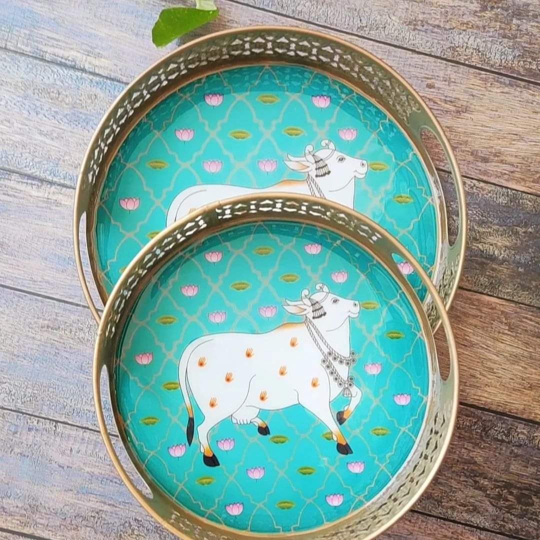 Pichwai Round Metal Tray - 8 inches