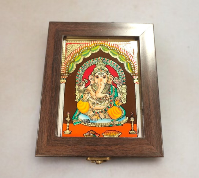 Ganesha Tanjore reverse glass paint jewel box