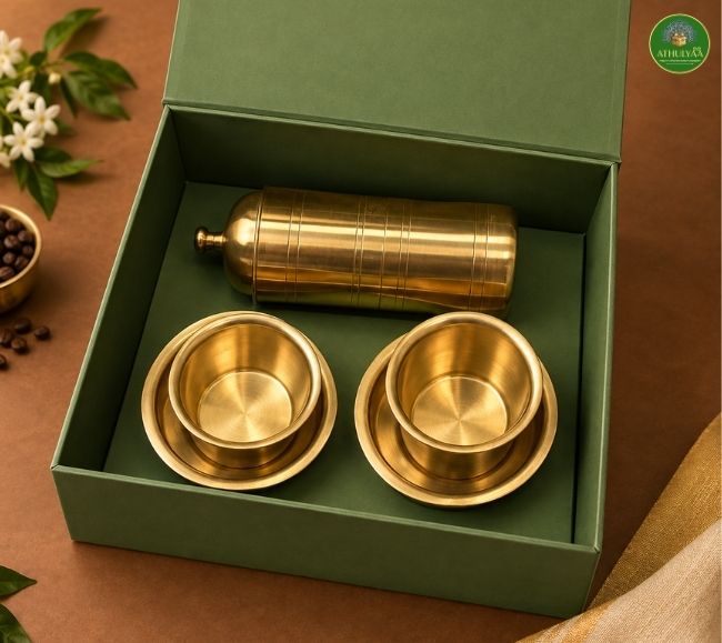 Brass filter coffee set in gift box