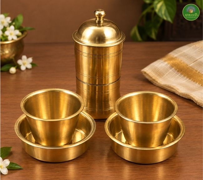 Brass filter coffee set in gift box