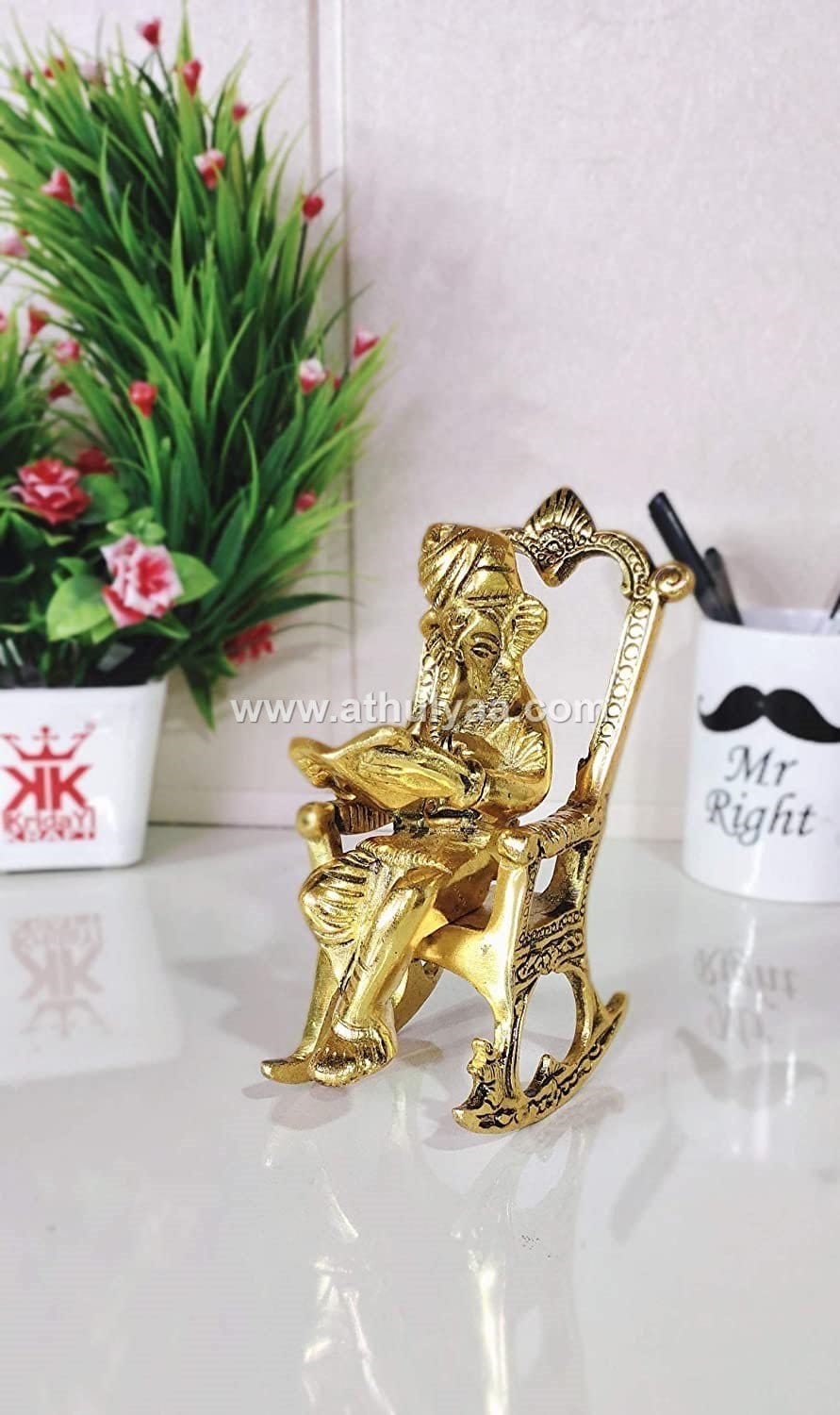 White Metal Golden Lord Ganesha Statue Sitting On A Chair