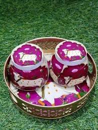 Pichwai metal tray with 2 Jars