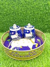 Pichwai metal tray with 2 Jars