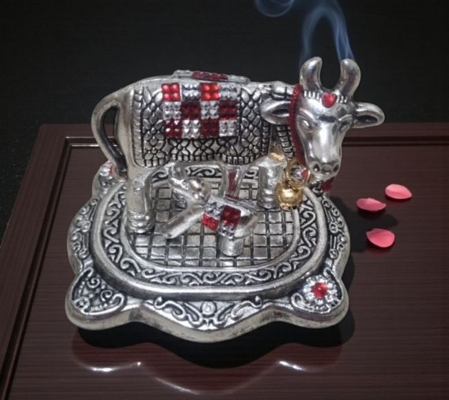 Kamadhenu Cow with Calf – Silver Finish with Stone Work