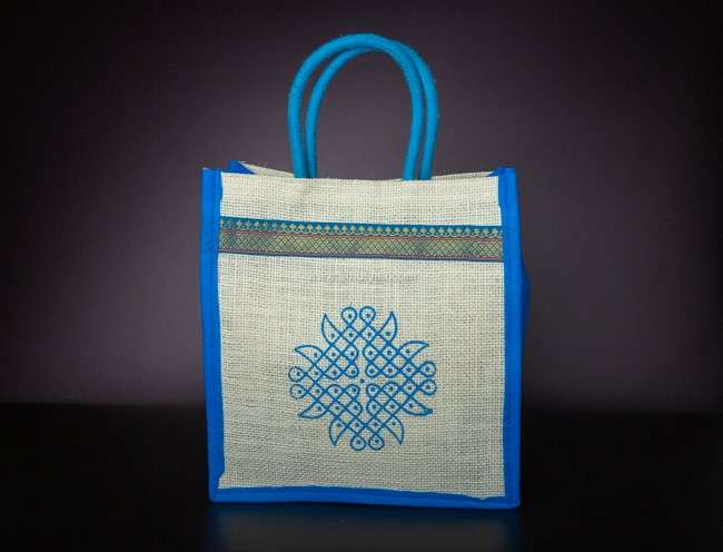 Jute bags with Kolam print and Zari
