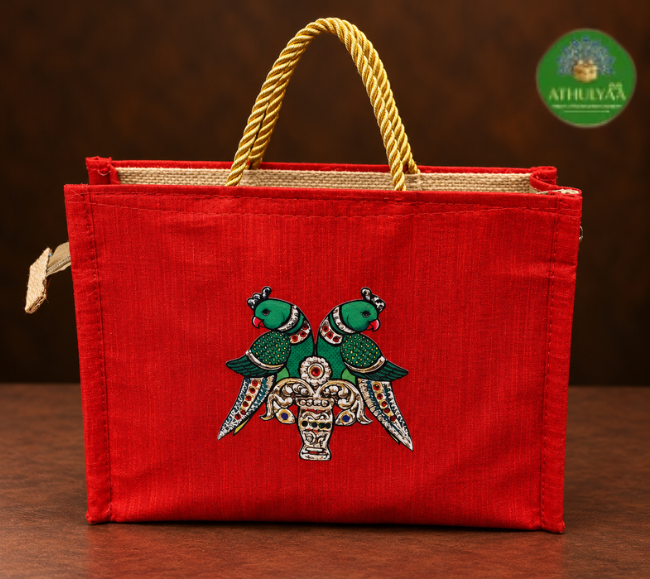 Jute Raw Silk Bag With Traditional Print